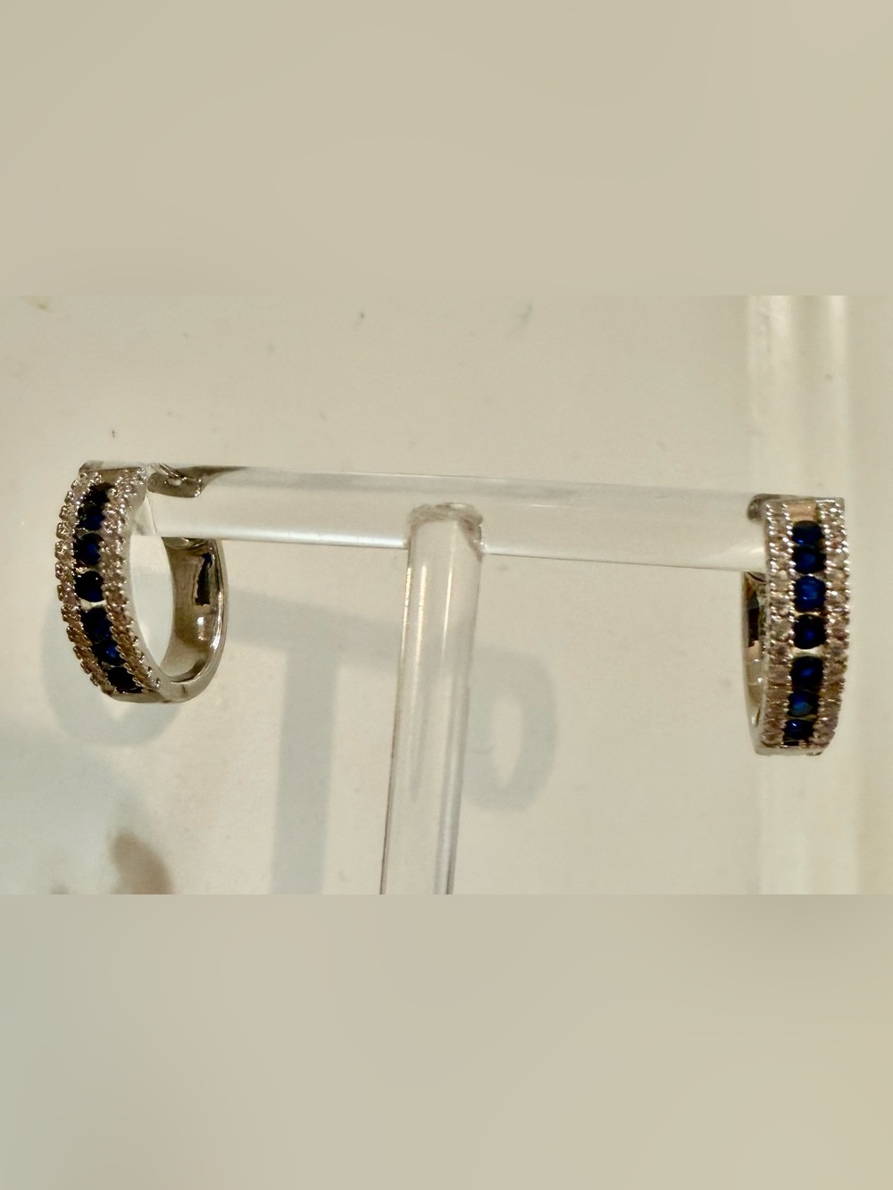 Small Navy and White CZ Huggie Hoop Earrings